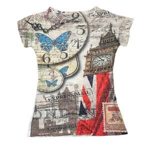 Y2k london england. big ben all over print heather fitted baby tee size S